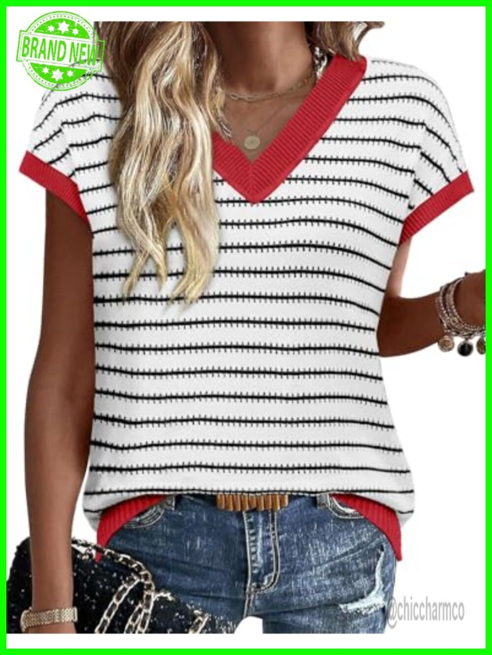 Womens Short Sleeve Sweater V Neck Striped Pullover Knit Summer Fall Top